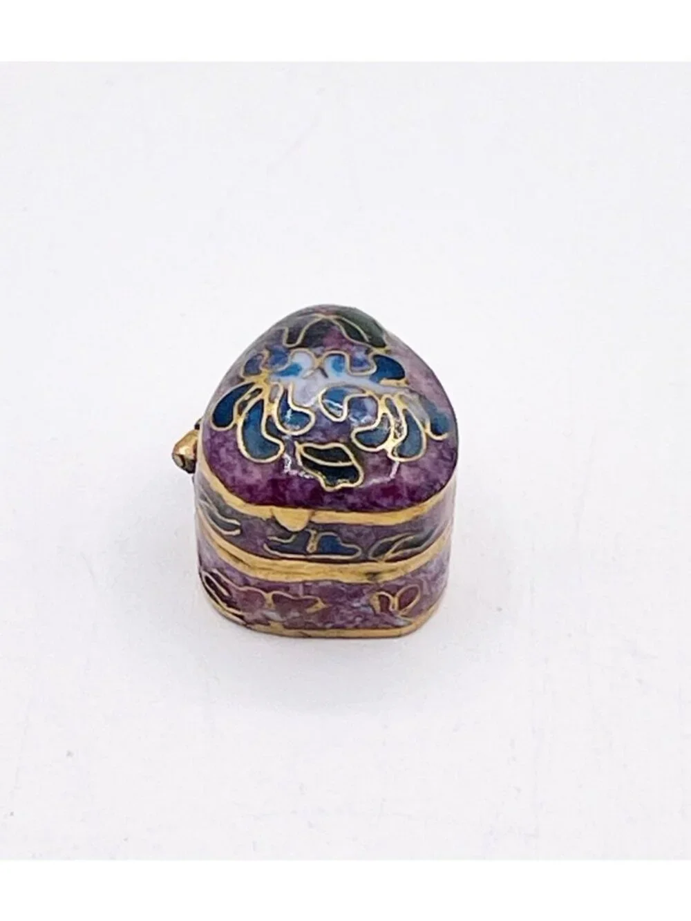 Miniature Cloisonne Enamel Heart Trinket Box Purple Blue Floral Hinged Pill Box